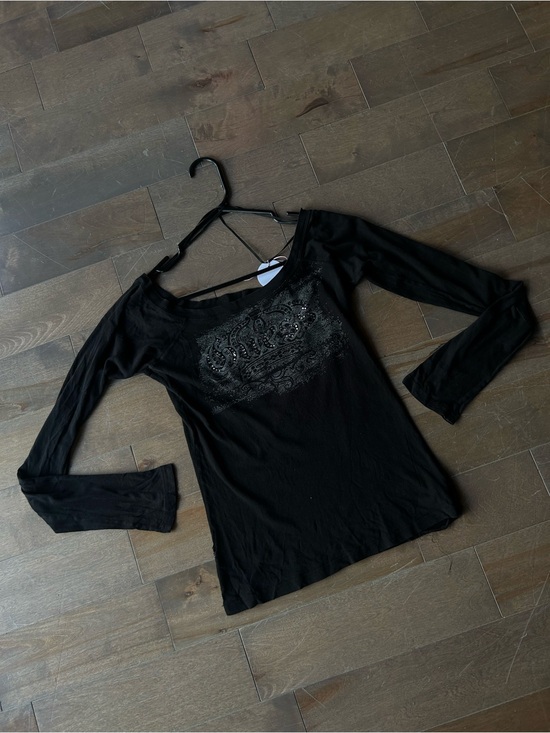 Guess Tops - Guess Black Long Sleeve Tee with Embellished Logo